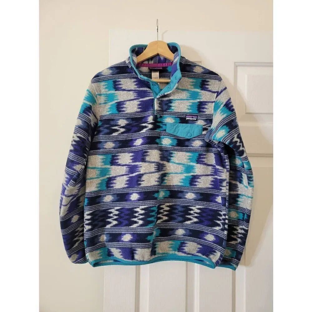 Patagonia Synchilla Snap T Fleece Womens Medium Blue Aztec Waves